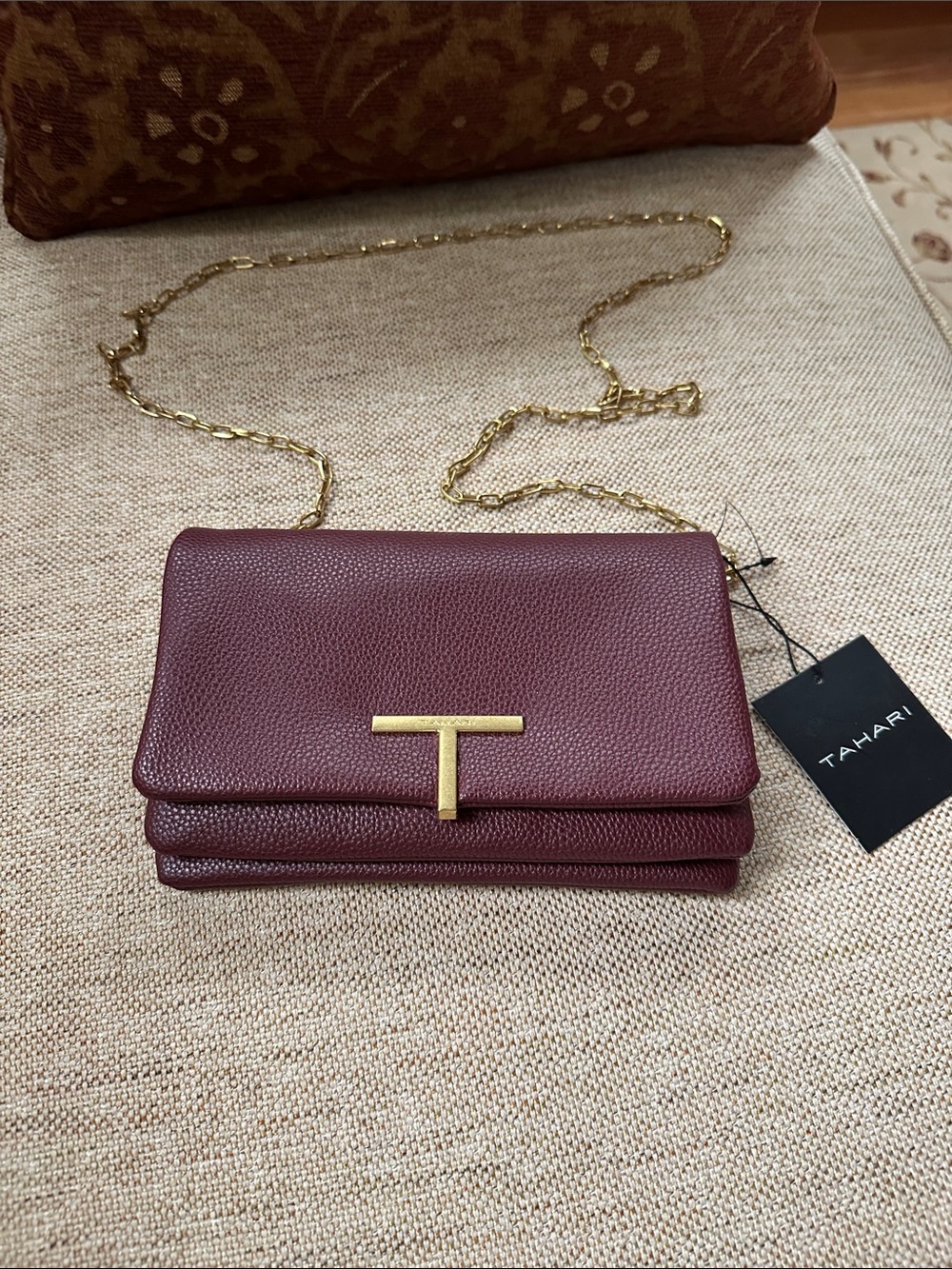 Tahari Burgundy Faux Leather Crossbody with Gold Chain